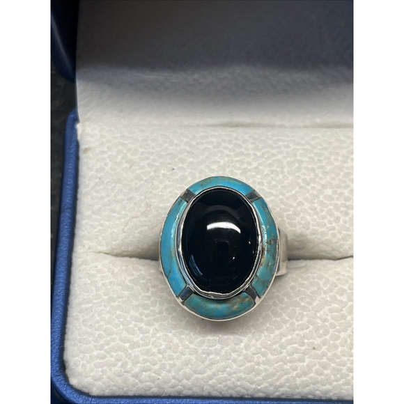 Signed Ted Ott Vintage Sterling 925 Onyx & Turquoise Inlay Navajo Ring Size 6.5 - Picture 13 of 13